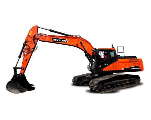 Excavadora sobre orugas Develon DX300LCA-7M en sitio de construcción.