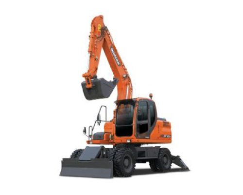 Excavadora sobre ruedas Develon DX190WA trabajando en sitio